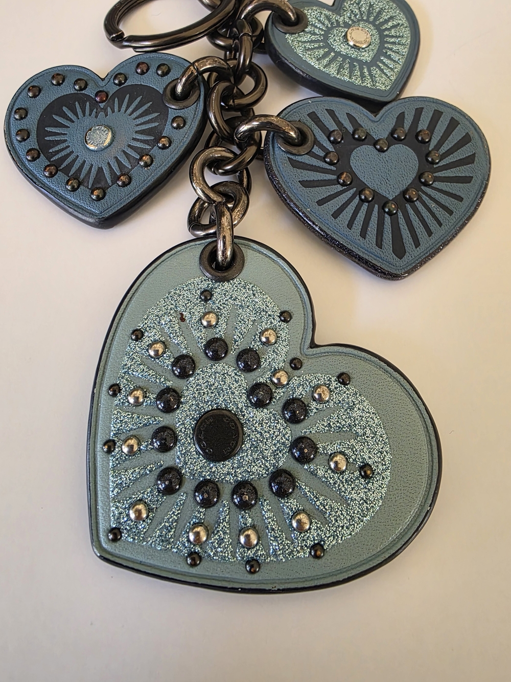 Coach Heart Motif Leather Bag Charm Key Fob Blue Studded Glitter Hard To Find - Picture 5 of 14
